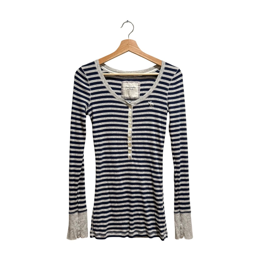 Abercrombie & Fitch Womens Navy Gray Striped Ribbed Henley Long Sleeve Top Large